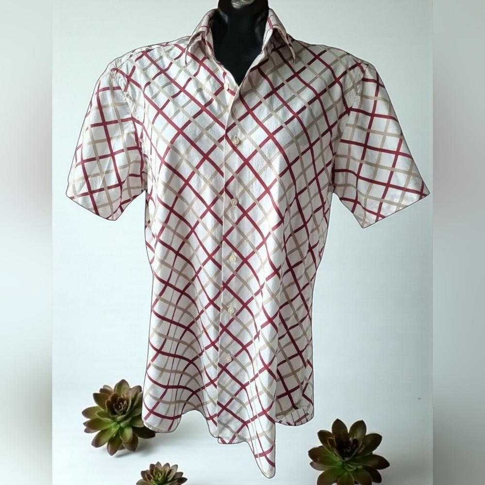 Zara Limited Edition Men's Red and White Striped Short Sleeve Dress Shirt